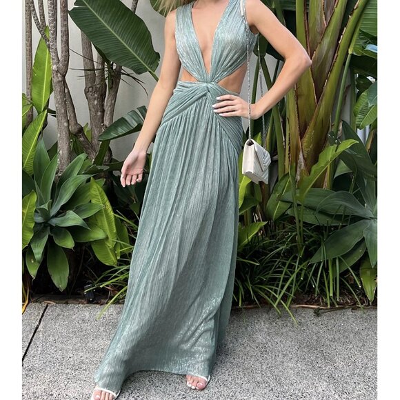 PatBO Womens Lurex Sleeveless Cutout Gown Maxi Dress Size 4 Sea Foam Sexy - Picture 3 of 16